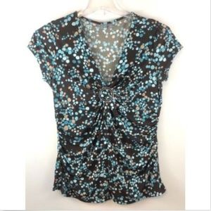 Career Stretch VNeck Short Sleeves Brown Polka Dot